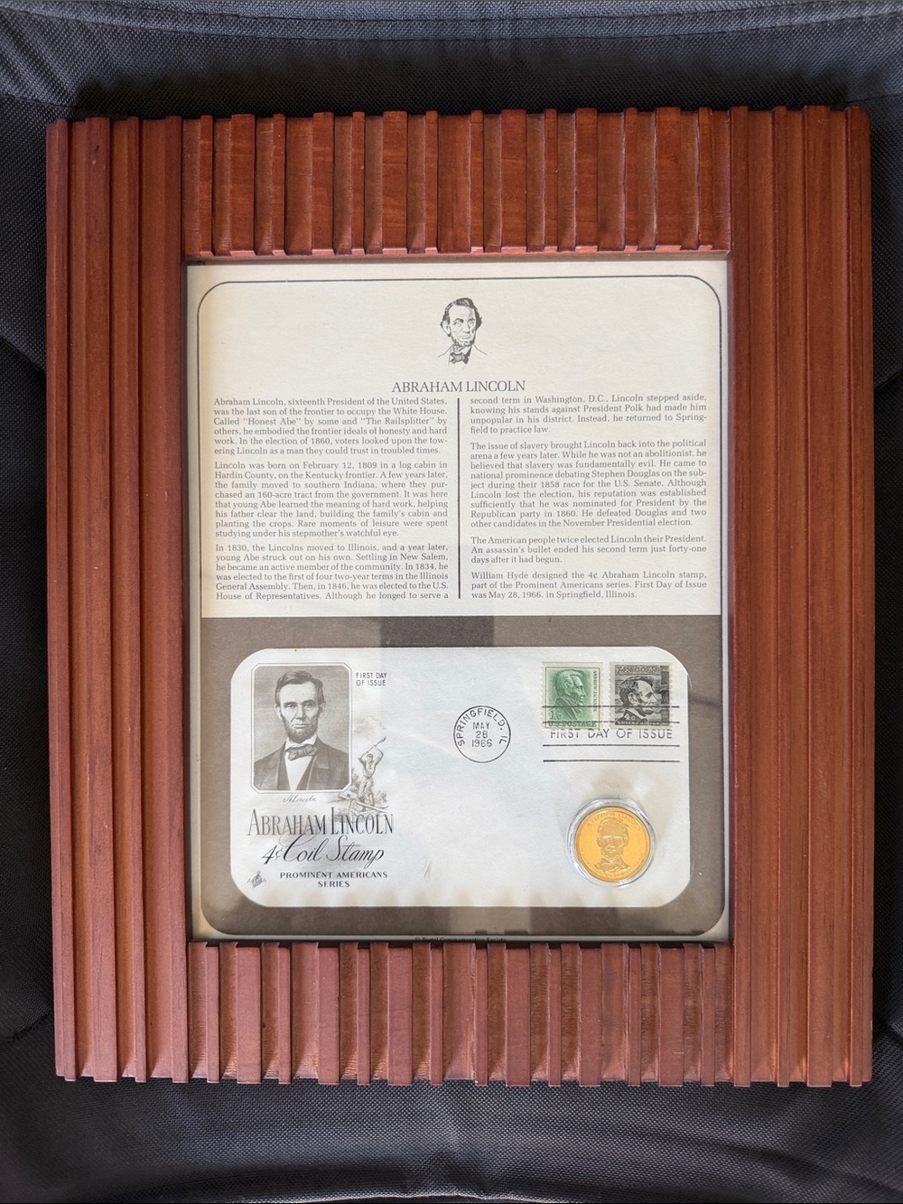 Abraham Lincoln Commemorative Stamp & uncirculated Coin Display